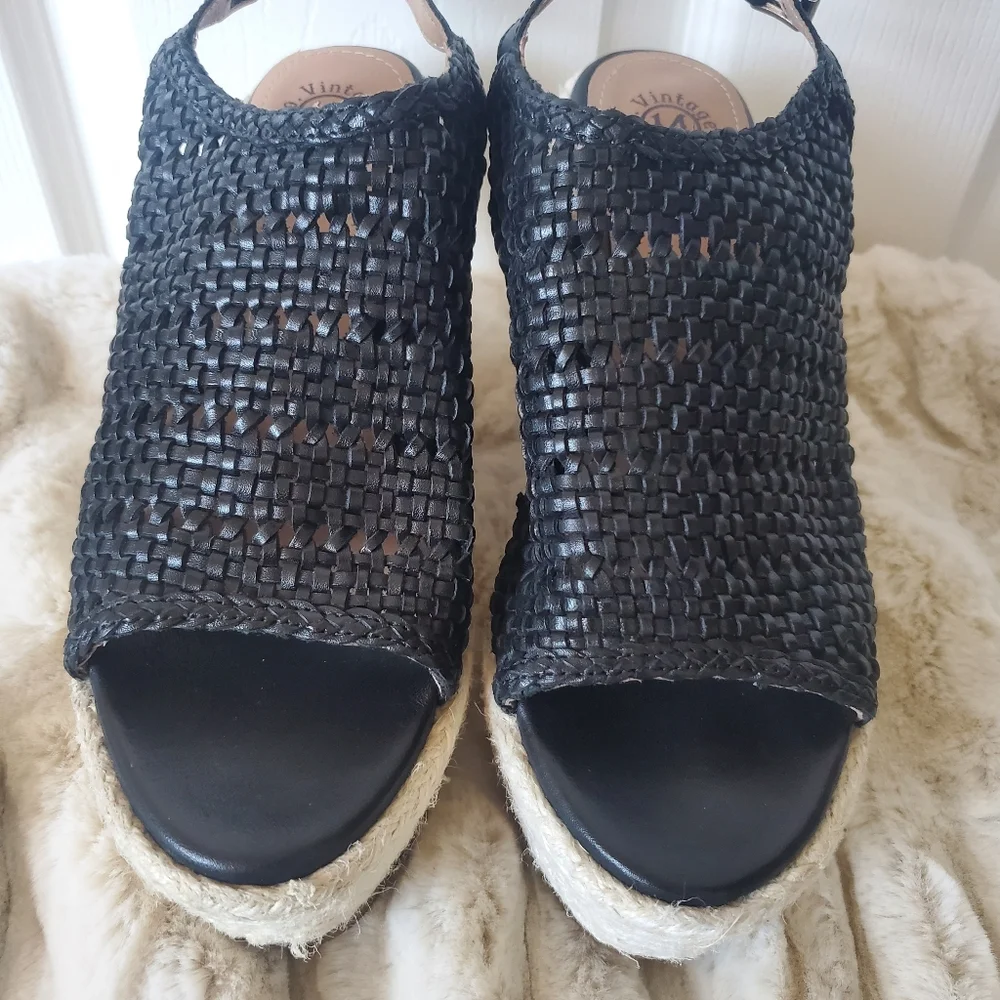 Black Leather Peep Toe Wedge Espadrilles